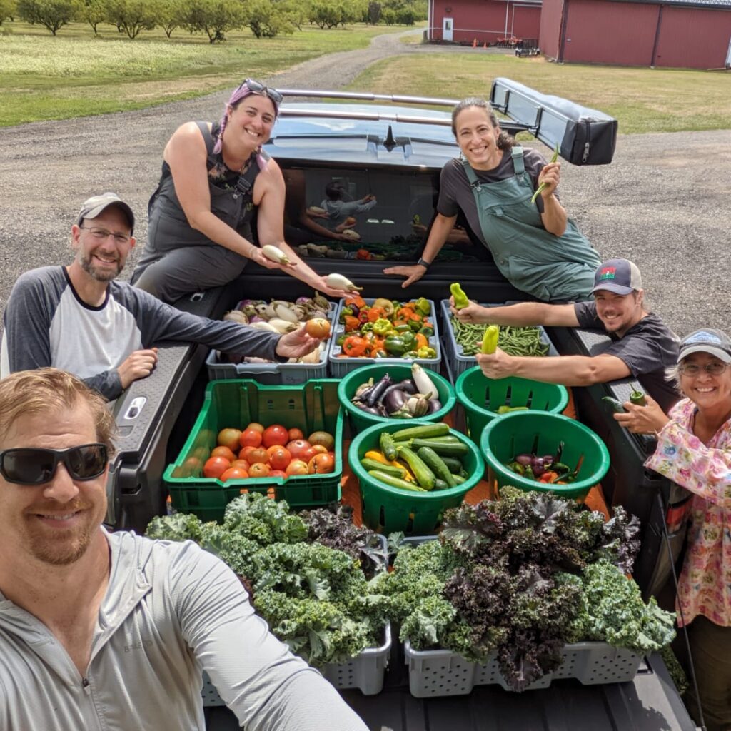 Farmers sitting around a pick-up truck full of vegetables.